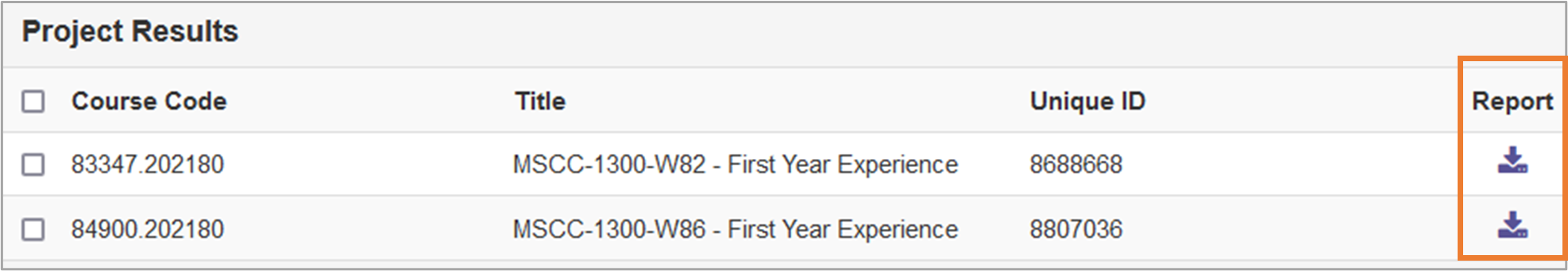 List of project results with the download icons highlighted.