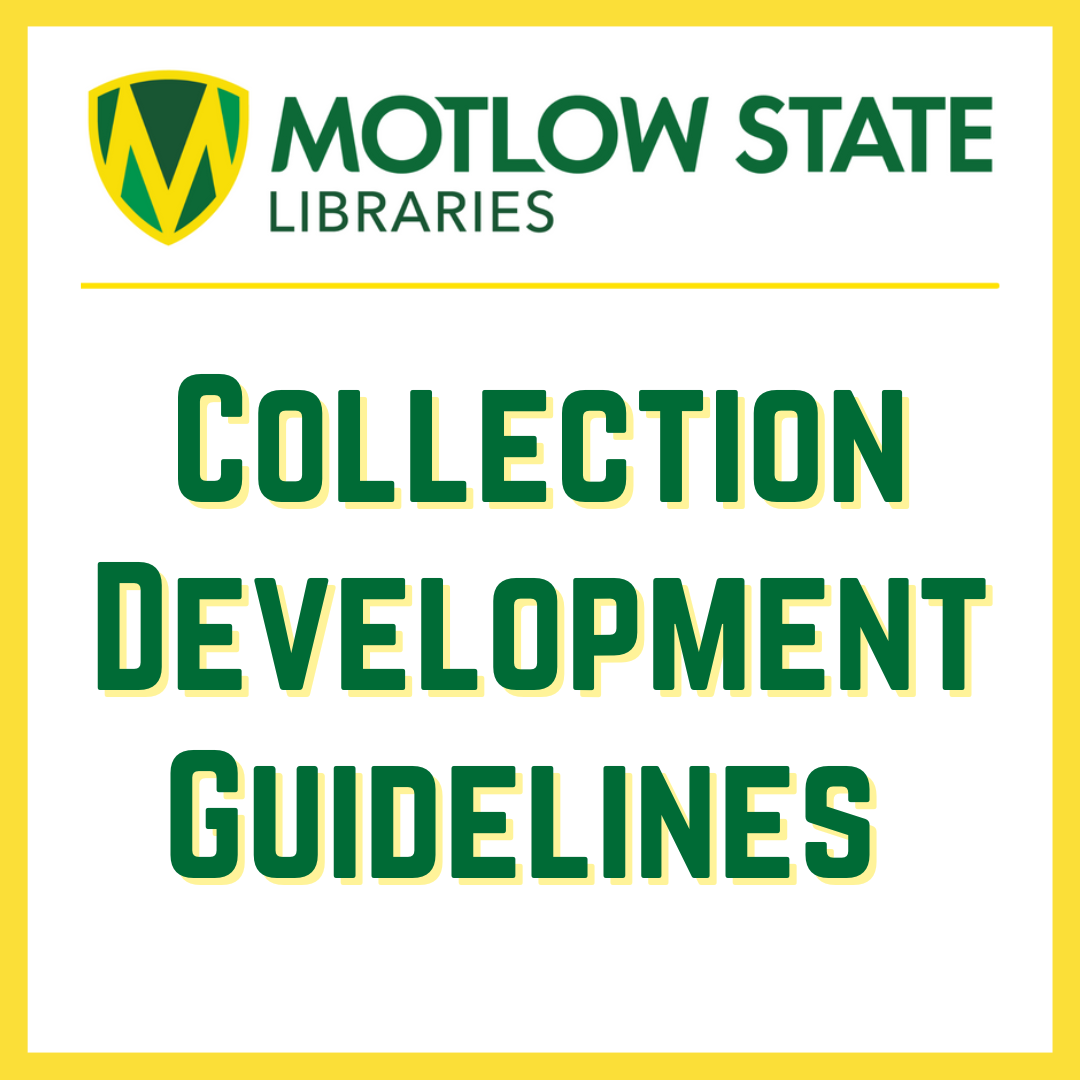 Linked image in green, white and yellow with heading "Motlow State Libraries" and Collection Development Guidelines