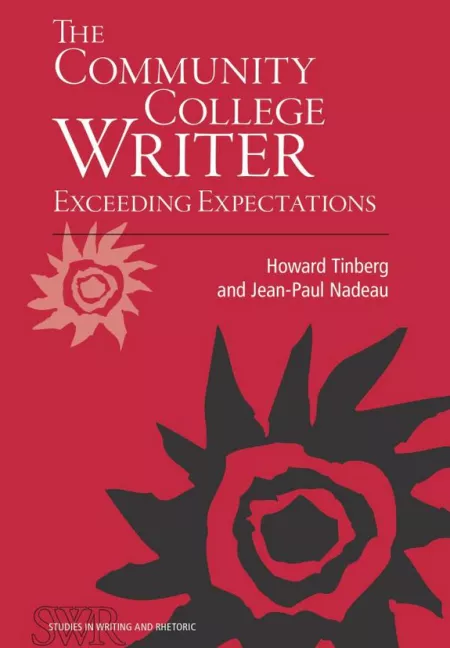 A large black sun shape set against a red background, with the title "The Community College Writer: Exceeding Expectations" above it