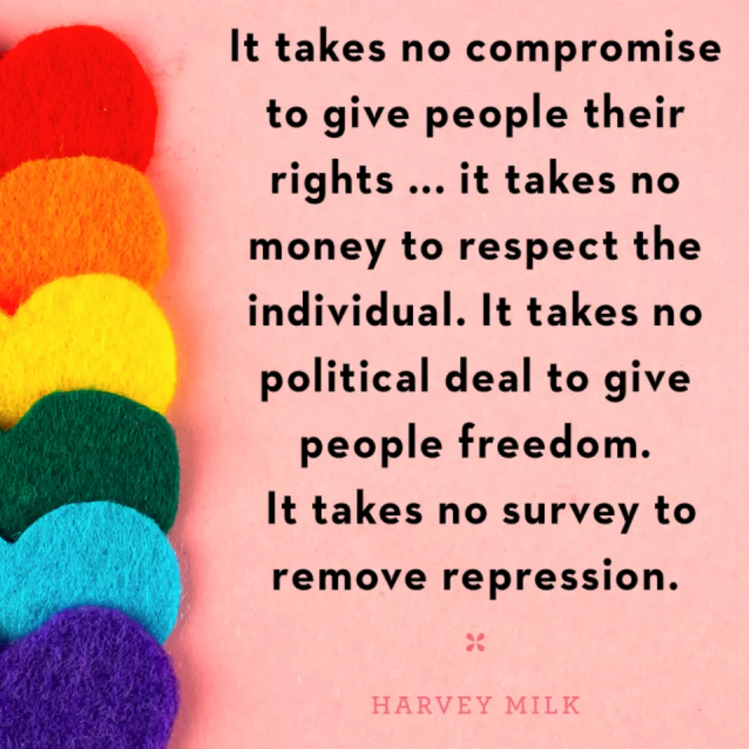 It takes no compromise to give people their rights... it takes no money to respect the individual. It takes no political deal to give people freedom. It takes no survey to remove repression. Harvey Milk